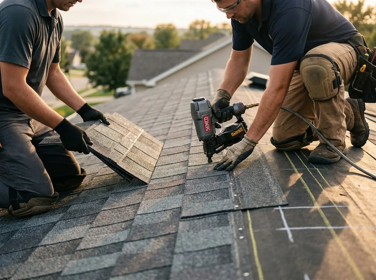 Professional roofer working on a residential roof in Fort Shawnee